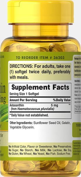 Puritan's Pride Astaxanthin 5 mg 60 softgels - 03.2026 36203 фото