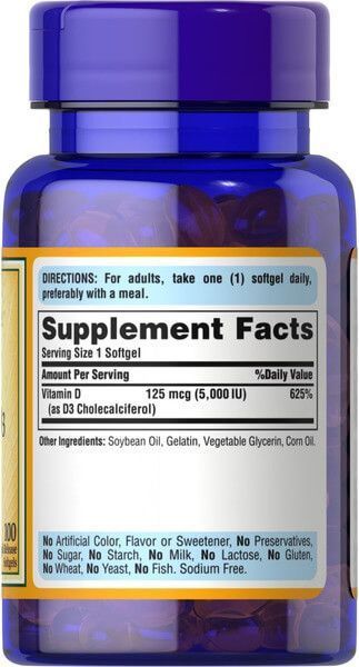 Puritan's Pride Vitamin D3 5000 IU 100 softgels 19377 фото