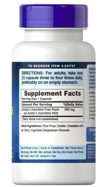 Puritan's Pride Acetyl L-Carnitine 500 mg 60 caps 34727 фото