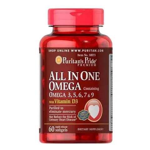Puritan's Pride All In One Omega 3, 5, 6, 7 & 9 with Vitamin D3 60 softgels 50073 фото