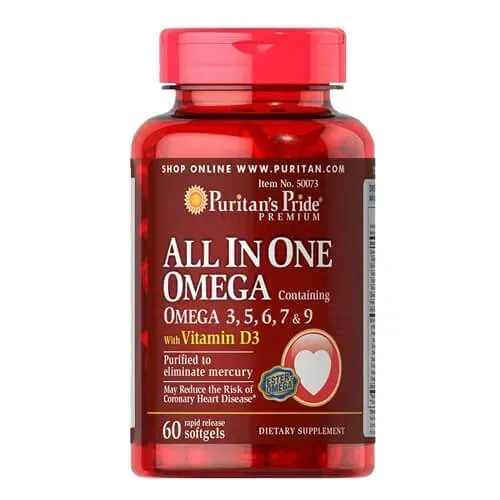 Puritan's Pride All In One Omega 3, 5, 6, 7 & 9 with Vitamin D3 60 softgels 50073 фото
