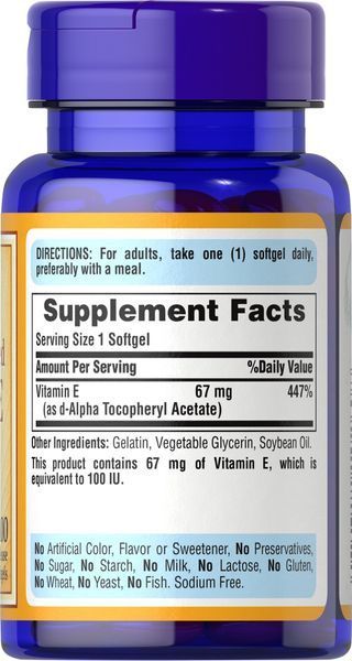 Puritan's Pride Vitamin E-100 IU Naturally Sourced 100 softgels 0260 фото