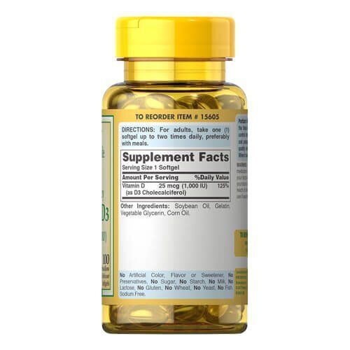 Puritan's Pride Vitamin D3 25 mcg (1000 IU) 100 softgels 15605 фото
