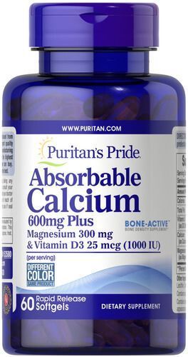 Puritan's Pride Absorbable Calcium 600 mg plus Magnesium 300 mg & Vitamin D 1,000 IU 60 Softgels 53580 фото