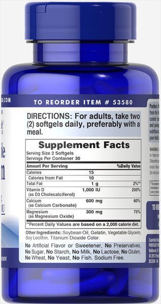 Puritan's Pride Absorbable Calcium 600 mg plus Magnesium 300 mg & Vitamin D 1,000 IU 60 Softgels 53580 фото