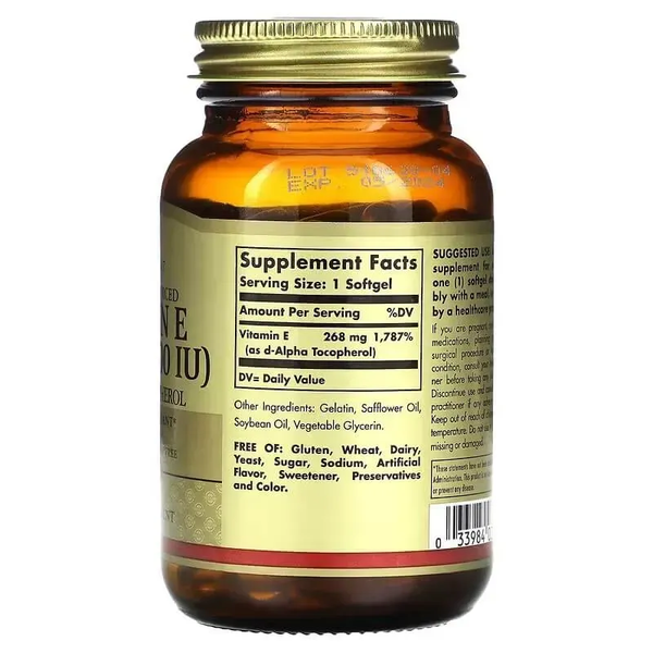 Solgar Vitamin E 268 mg (400 IU) d-Alpha Tocopherol 100 Softgels SOL-03521 фото